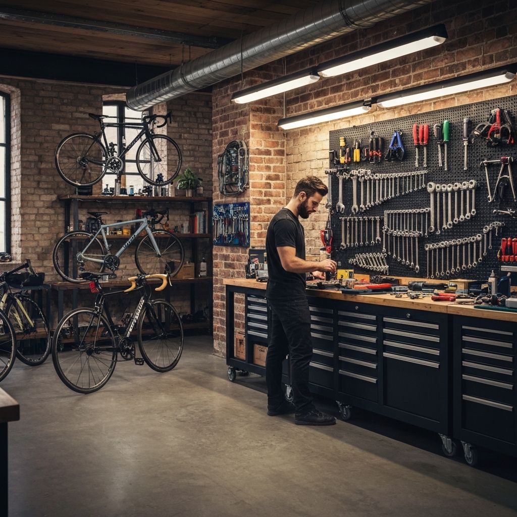 Professionelle Fahrradwerkstatt mit modernem Aufbau